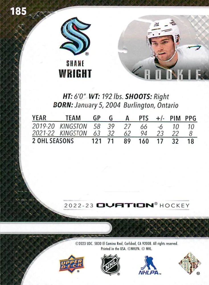 2022-23 UD Ovation - Shane Wright - Rookie #185