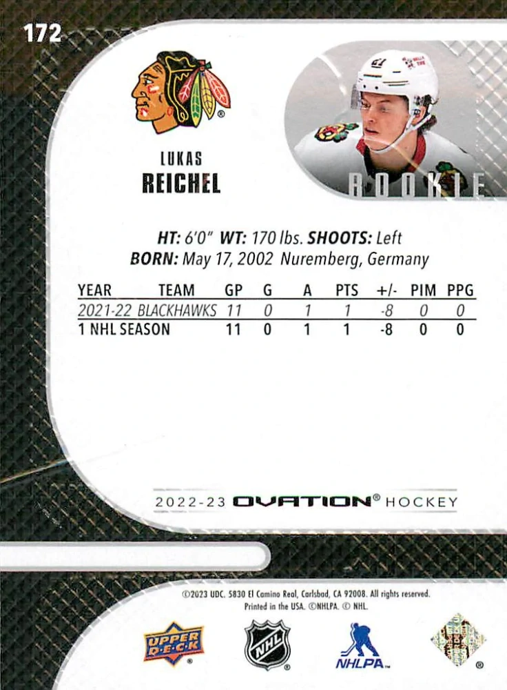 2022-23 UD Ovation - Lukas Reichel - Rookie #172