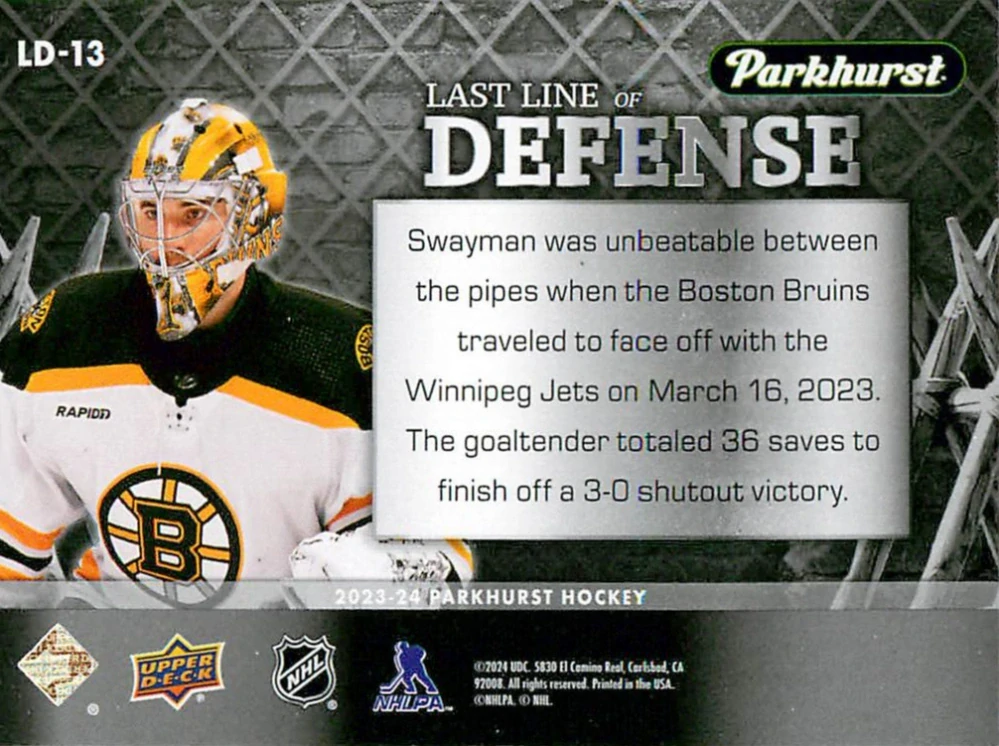 2023-24 UD Parkhurst - Jeremy Swayman - Last Line Of Defense #LD-13