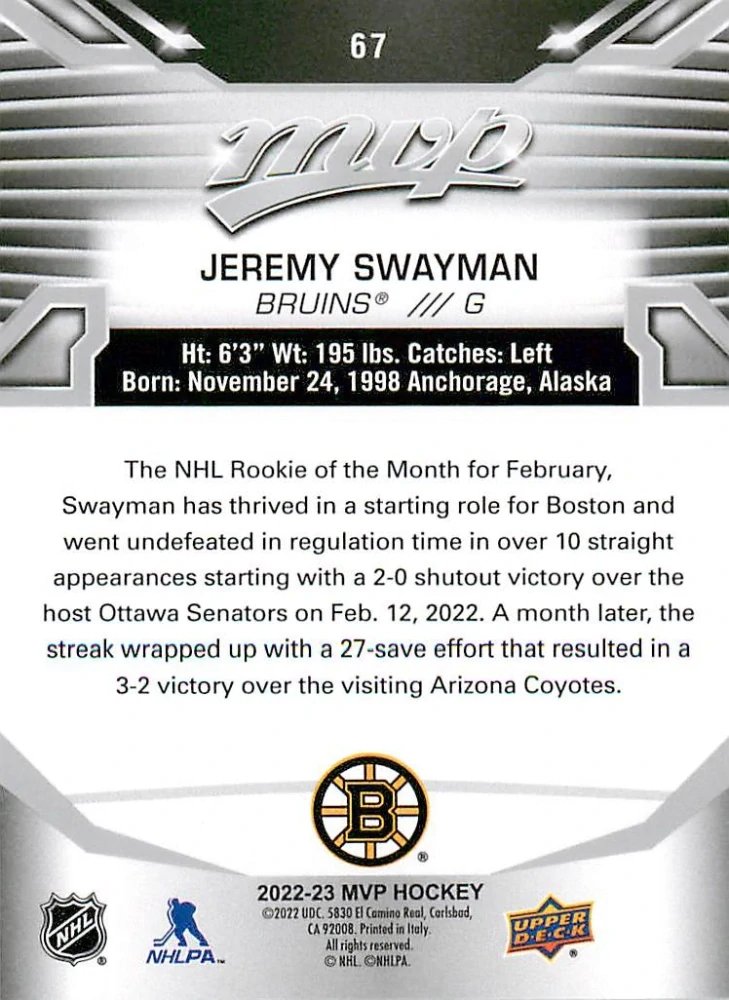 2022-23 UD MVP - Jeremy Swayman - Silver Script #67