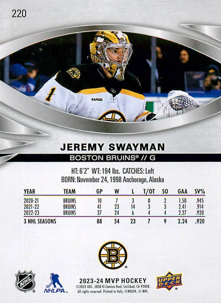 2023-24 UD MVP - Jeremy Swayman - Silver Script #220