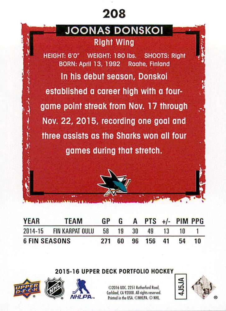 2015-16 UD Portfolio - Joonas Donskoi - Rookie Color Photos #208