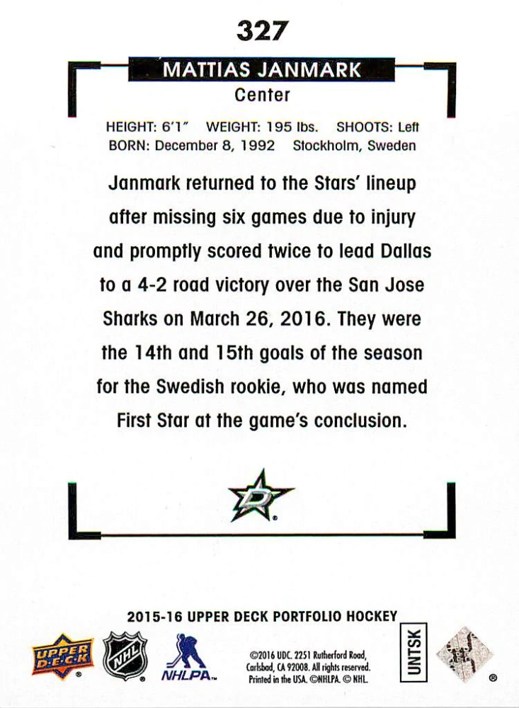 2015-16 UD Portfolio - Mattias Janmark - Rookie Color Art #327