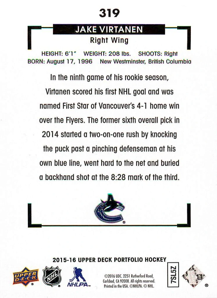 2015-16 UD Portfolio - Jake Virtanen - Rookie Color Art #319