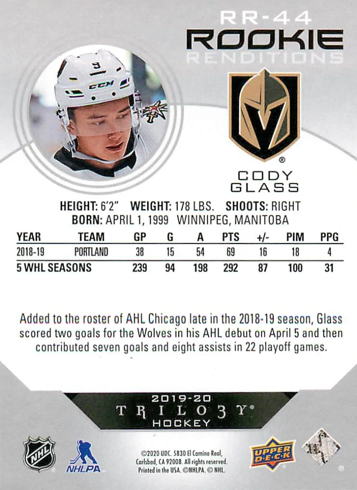 2019-20 UD Trilogy - Cody Glass - Rookie Renditions #RR-44