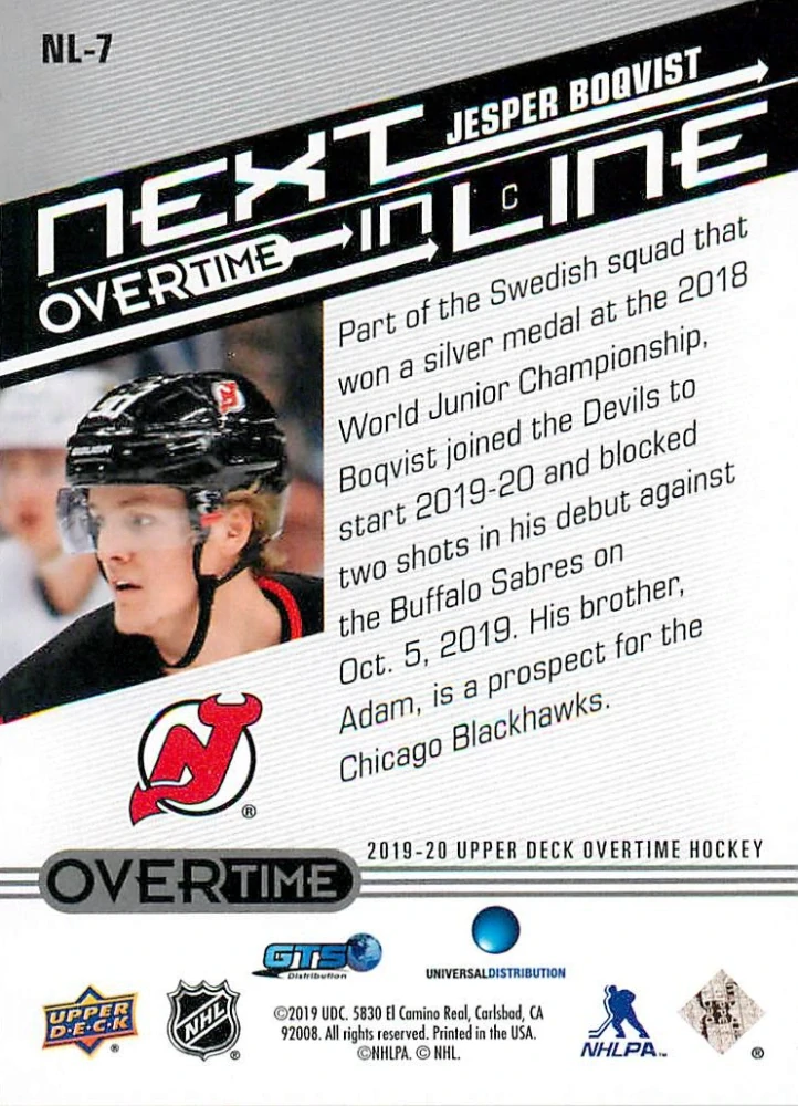 2019-20 UD Overtime - Jesper Boqvist - Next In Line #NL-7