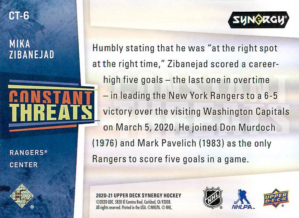 2020-21 UD Synergy - Mika Zibanejad - Constant Threats #CT-6