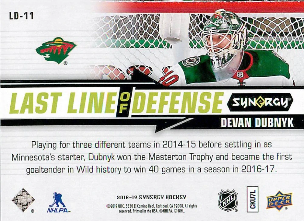 2018-19 UD Synergy - Devan Dubnyk - Last Line Of Defense #LD-11