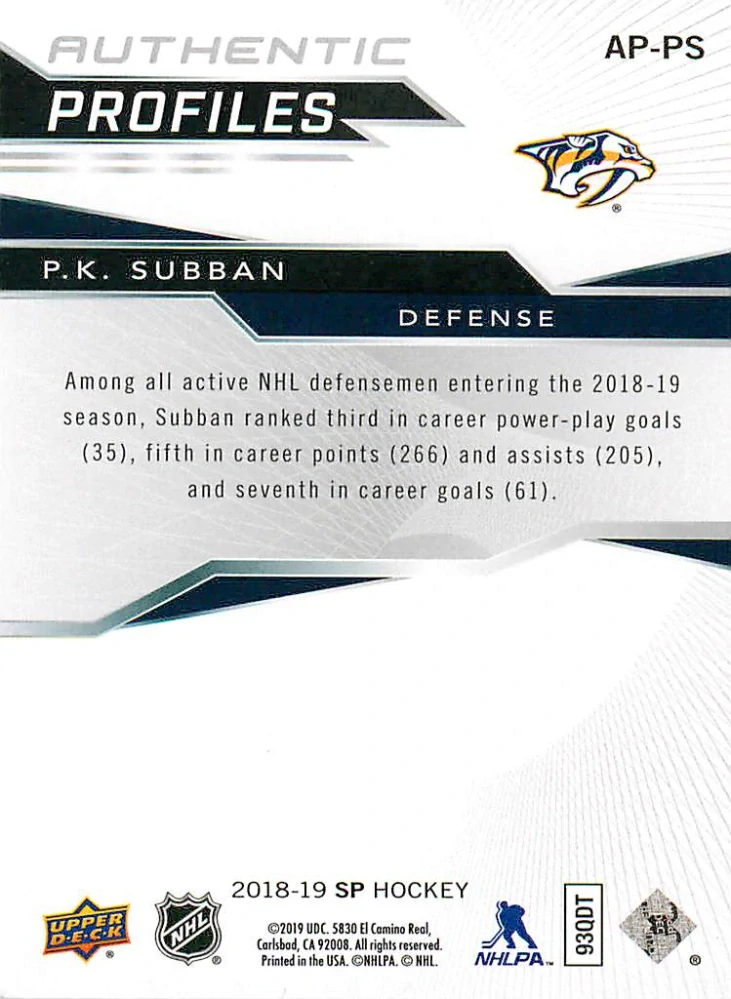 2018-19 UD SP - P.K. Subban - Authentic Profiles Blue #AP-PS