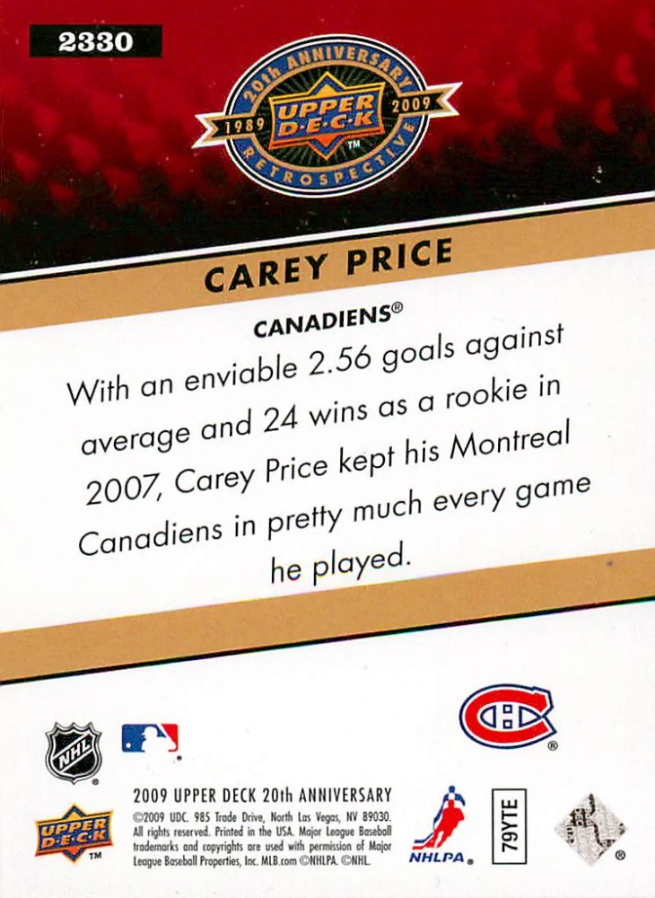 2009 Upper Deck 20th Anniversary Retrospective - Carey Price #2330