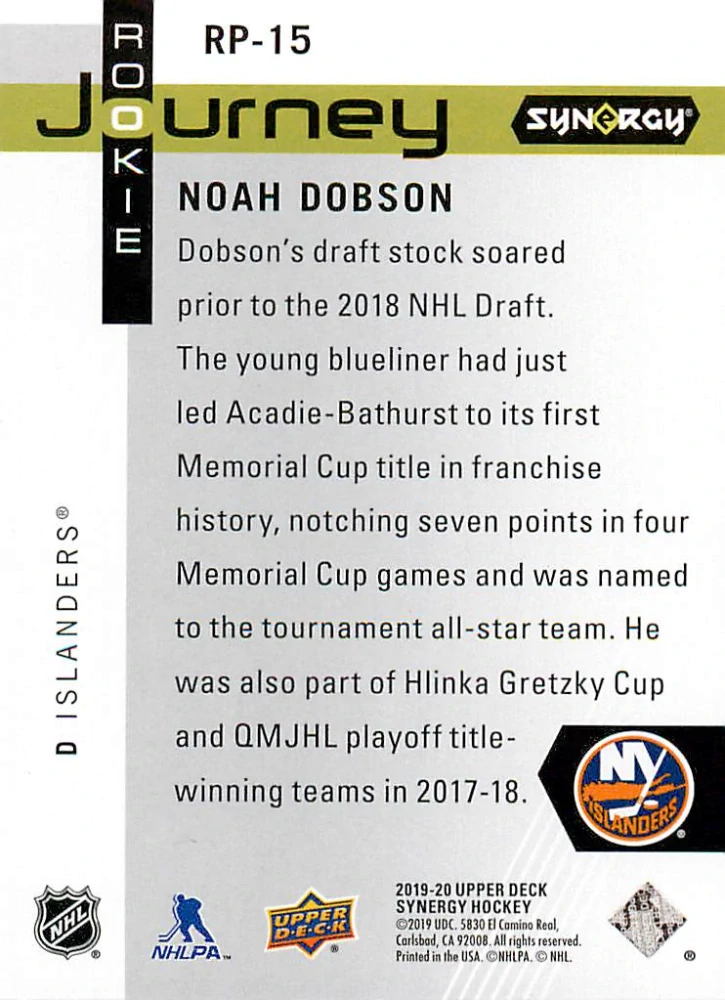 2019-20 UD Synergy - Noah Dobson - Rookie Journey - Draft Day /999 #RP-15