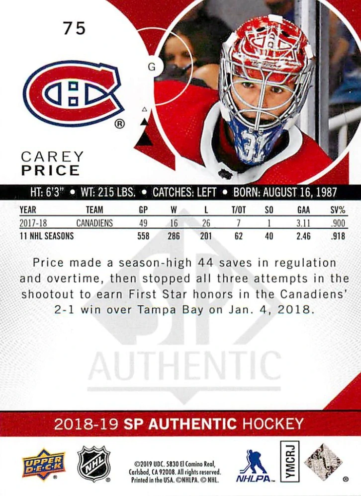 2018-19 UD SP Authentic - Carey Price - Red #75