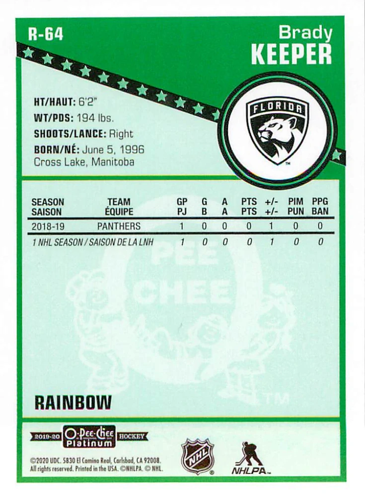 2019-20 UD O-Pee-Chee Platinum - Brady Keeper - Retro Rainbow #R-64