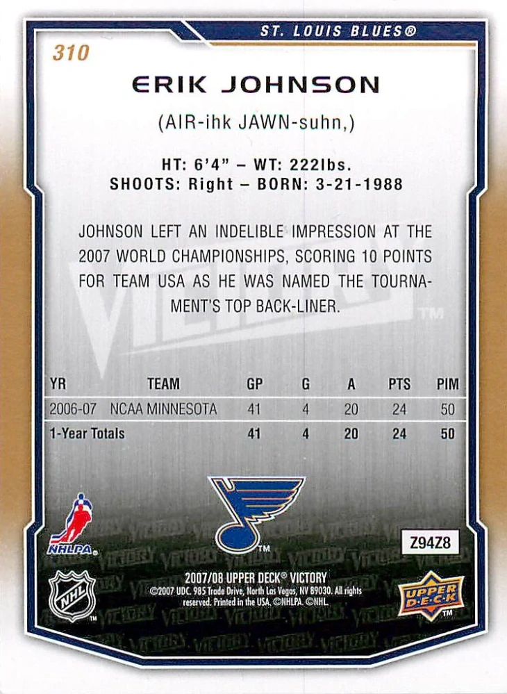 2007-08 UD Victory - Erik Johnson - Rookie #310