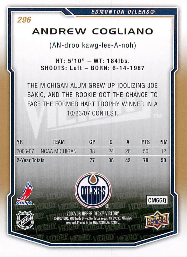 2007-08 UD Victory - Andrew Cogliano - Rookie #296