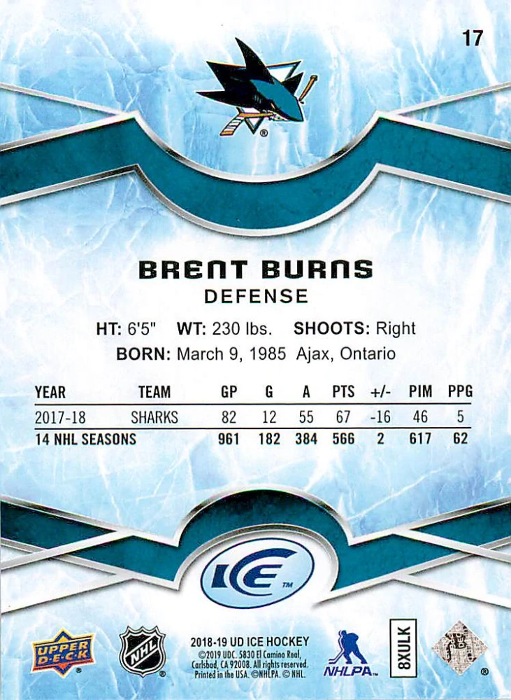 2018-19 UD Ice - Brent Burns - Green #17