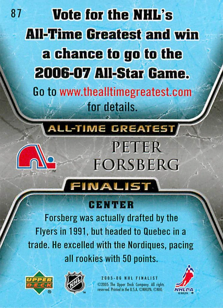 2005-06 UD NHL Finalist - Peter Forsberg #87