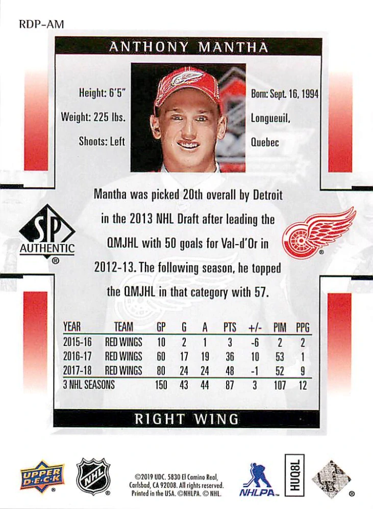 2018-19 UD SP Authentic - Anthony Mantha - 1999-00 Retro Draft Picks #RDP-AM