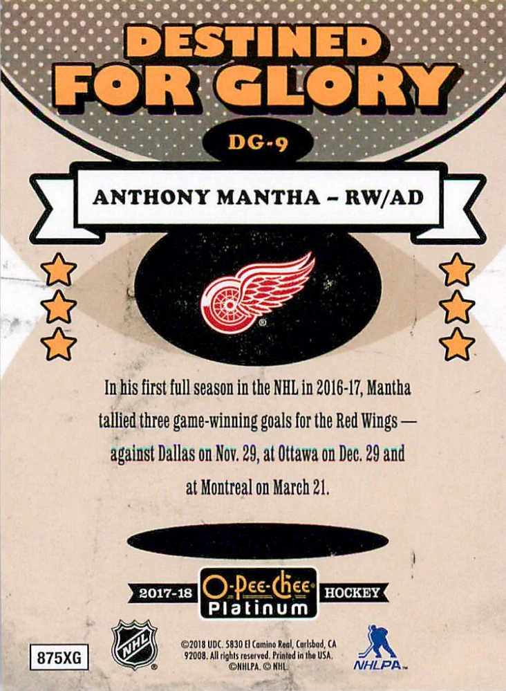 2017-18 UD O-Pee-Chee Platinum - Anthony Mantha - Destined For Glory #DG-9