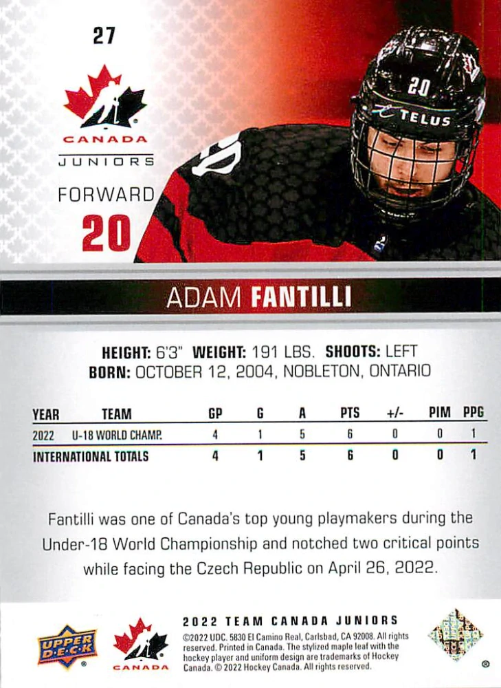 2022 UD Team Canada Juniors - Adam Fantilli  #27