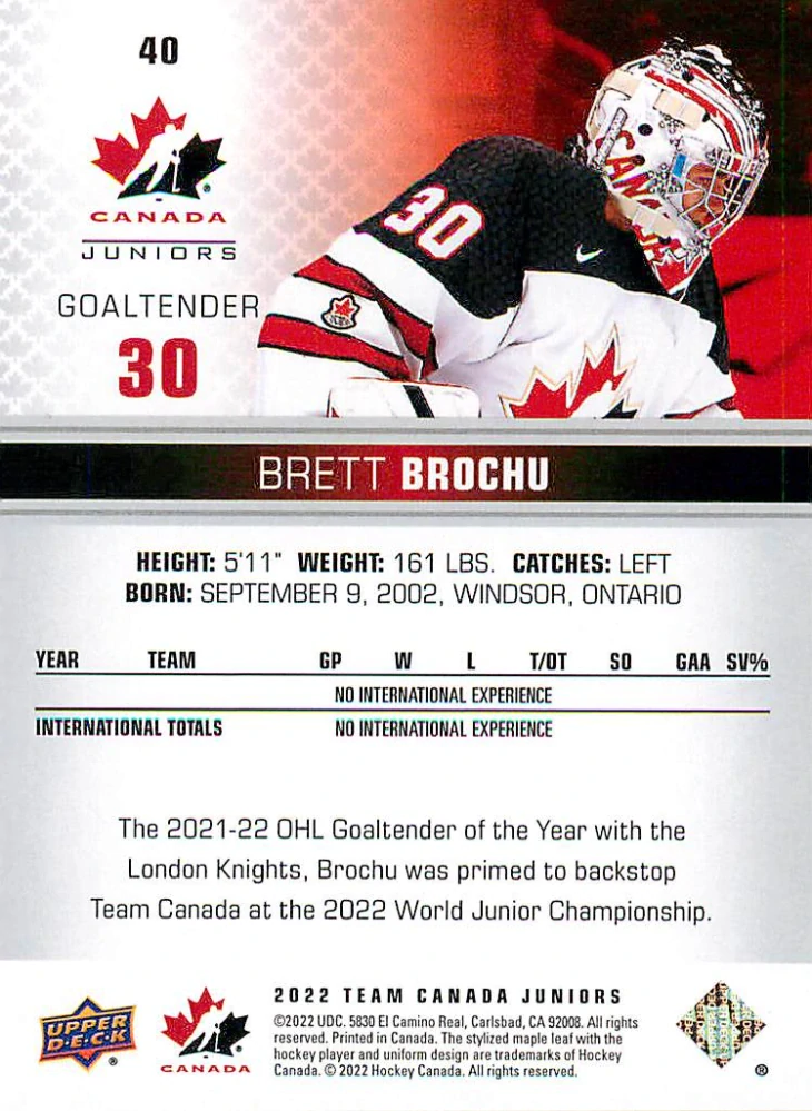 2022 UD Team Canada Juniors - Brett Brochu #40