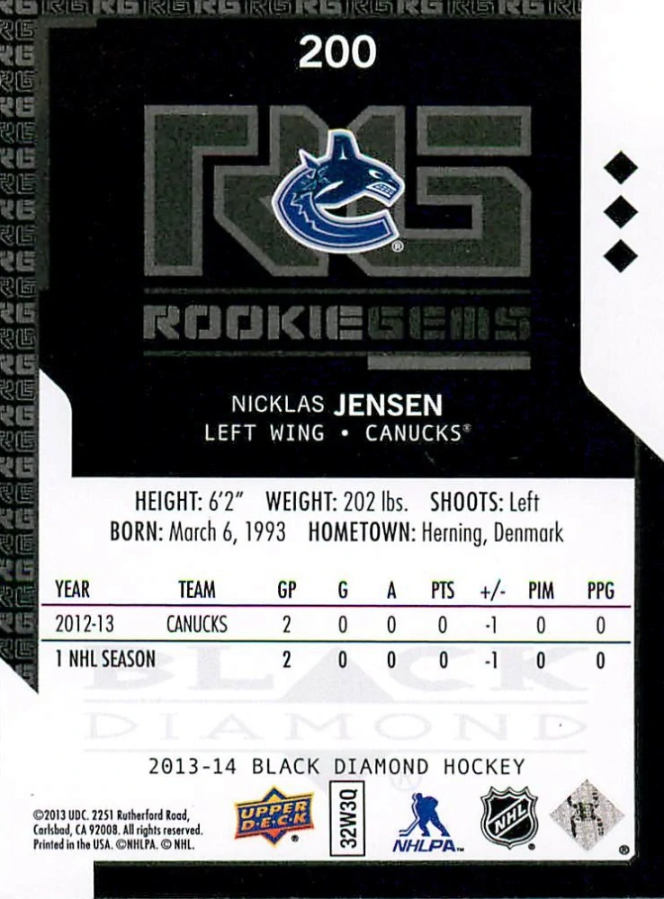 2013-14 UD Black Diamond - Nicklas Jensen - Rookie Gems #200