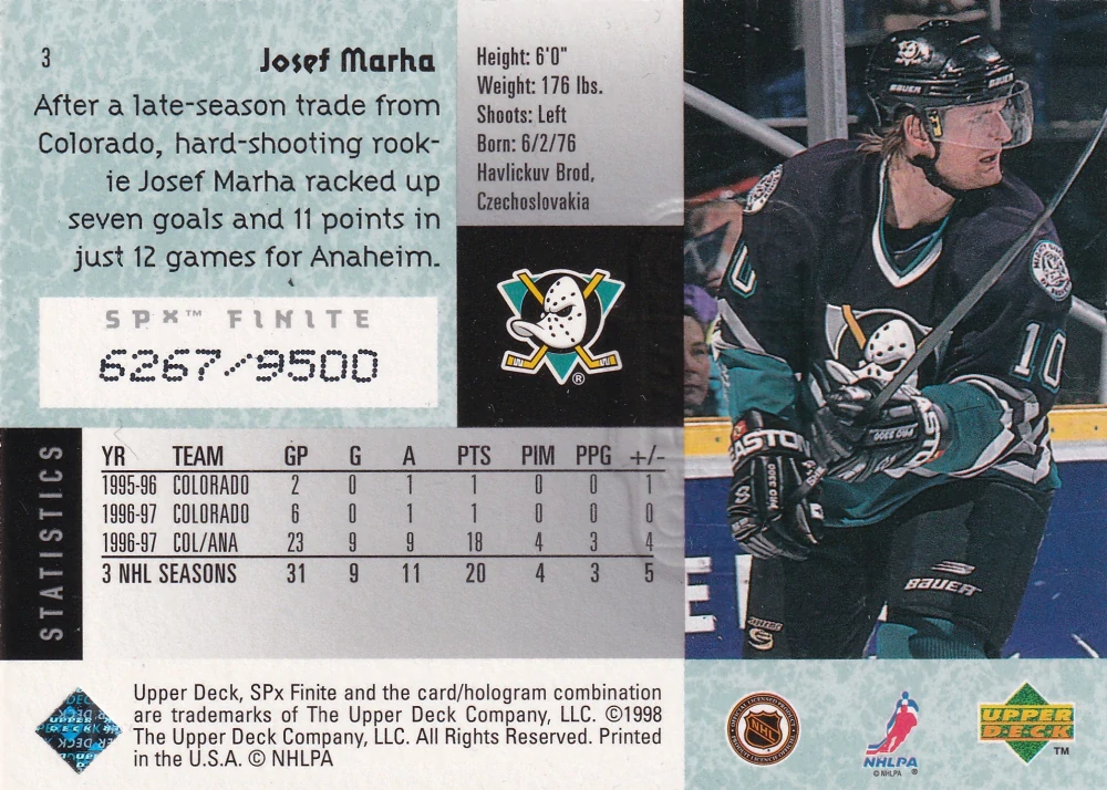 1998-99 UD SPx Finite - Josef Marha /9500 #3