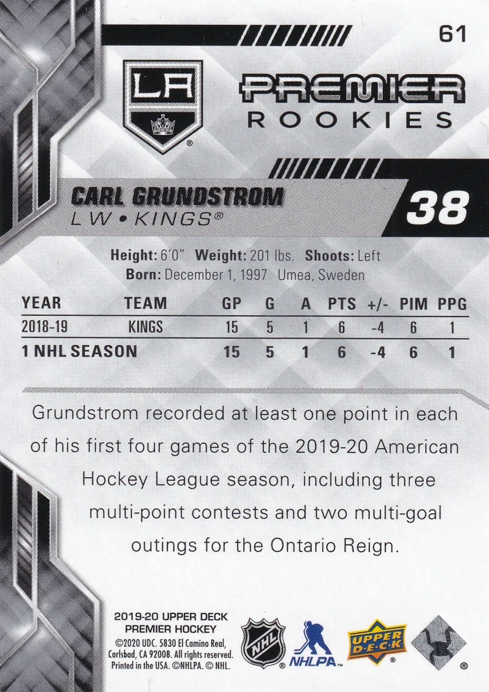 2019-20 UD Premier - Carl Grundstrom - Premier Rookies /299 #61