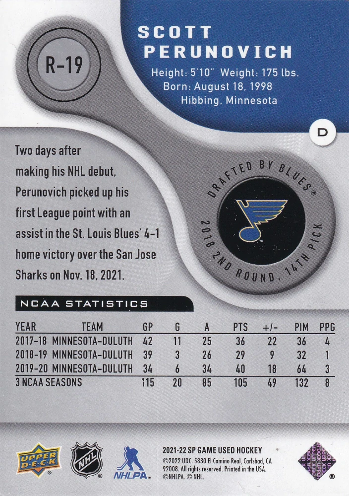 2021-22 UD SP Game Used - Scott Perunovich - Authentic Rookie /999 #R-19