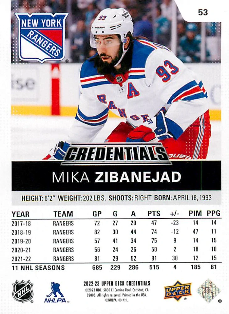 2022-23 UD Credentials - Mika Zibanejad - Orange /149 #53