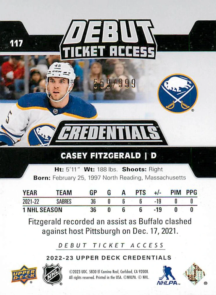 2022-23 UD Credentials - Casey Fitzgerald - Debut Ticket Access /999 #117