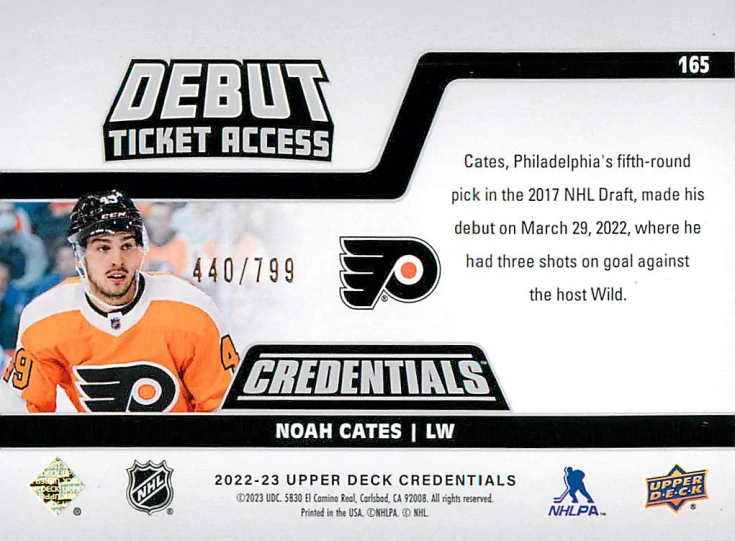 2022-23 UD Credentials - Noah Cates - Debut Ticket Access Horizontal /799 #165