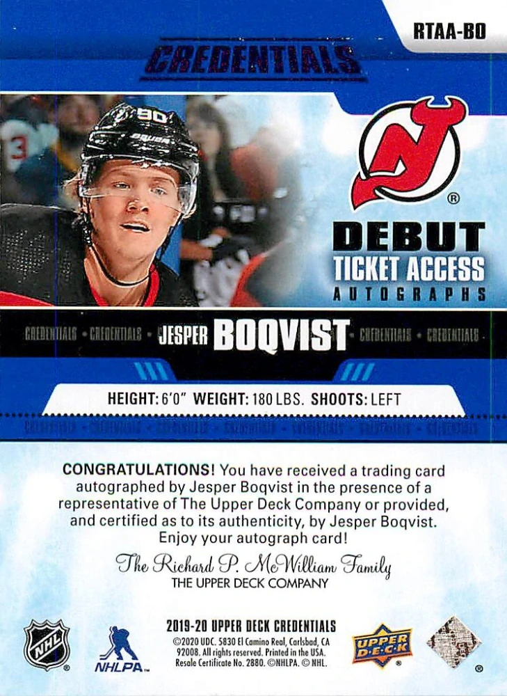 2022-23 UD Credentials - Jesper Boqvist - Debut Ticket Access Autograph /299 #RTAA-BO
