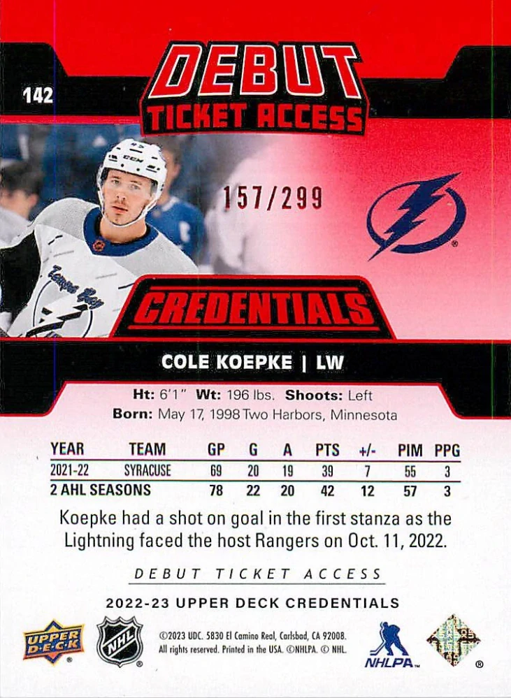 2022-23 UD Credentials - Cole Koepke - Debut Ticket Access Red /299 #142