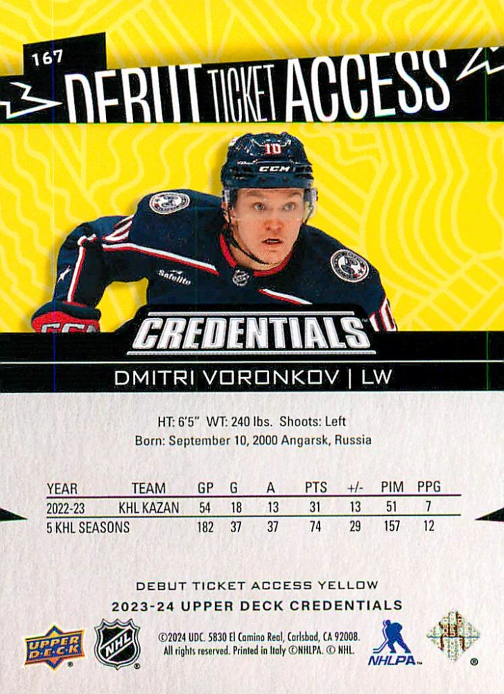 2022-23 UD Credentials - Dmitri Voronkov - Debut Ticket Access Yellow #167