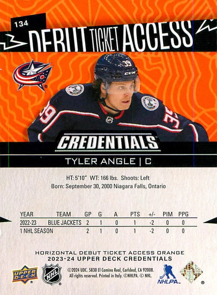 2022-23 UD Credentials - Tyler Angle - Debut Ticket Access Orange Horizontal #134