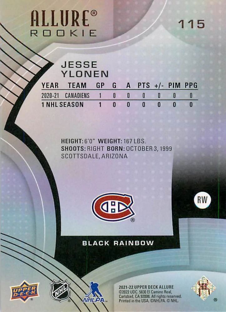 2021-22 UD Allure - Jesse Ylonen - Black Rainbow #115