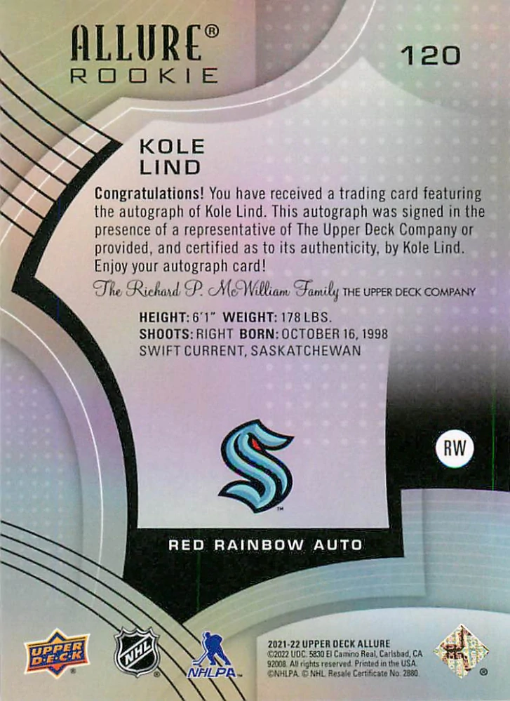 2021-22 UD Allure - Kole Lind - Red Rainbow Autograph #120