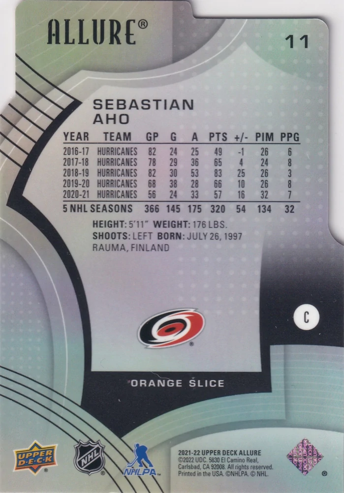 2021-22 UD Allure - Sebastian Aho - Orange Slice #11