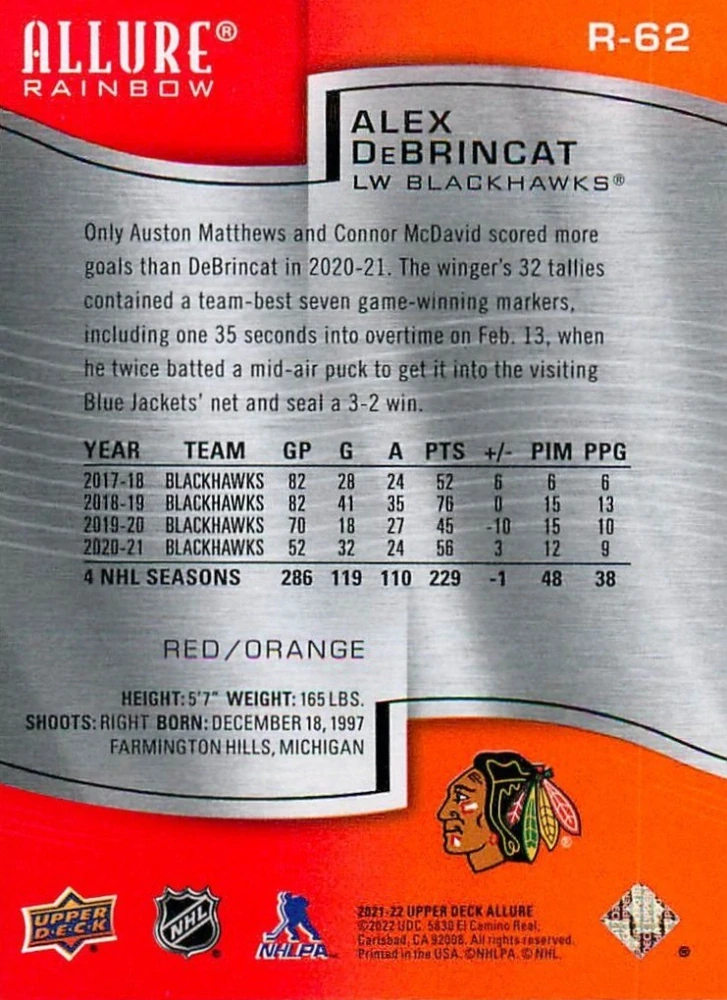 2021-22 UD Allure - Alex DeBrincat - Rainbow Red/Orange #R-62