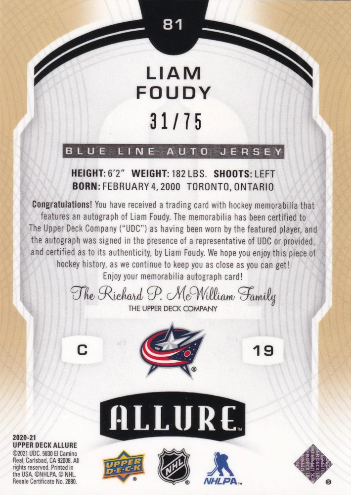 2020-21 UD Allure - Liam Foudy - Blue Line Auto Jersey /75 #81