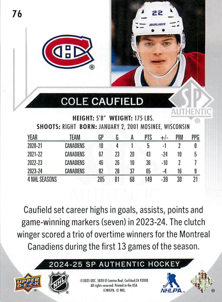 2024-25 UD SP Authentic - Cole Caufield #76