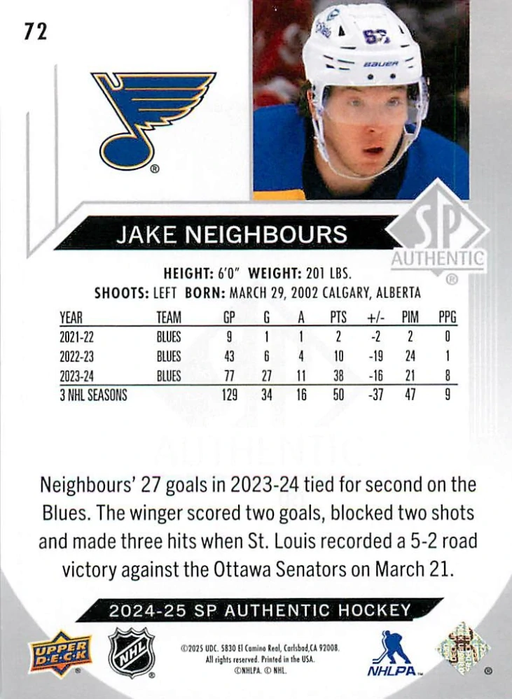 2024-25 UD SP Authentic - Jake Neighbours #72
