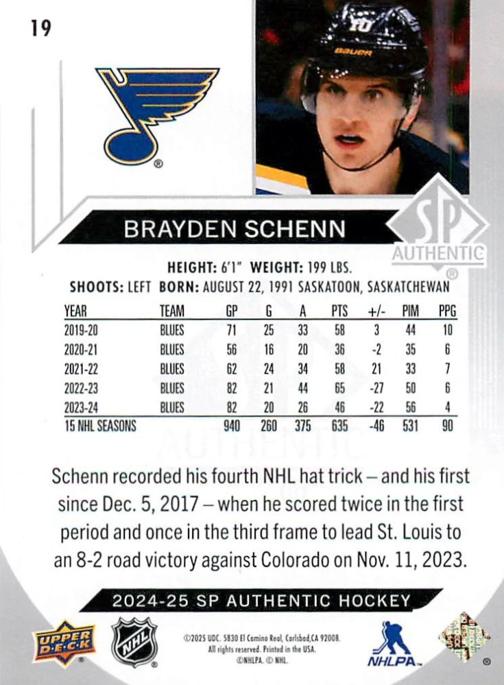 2024-25 UD SP Authentic - Brayden Schenn #19