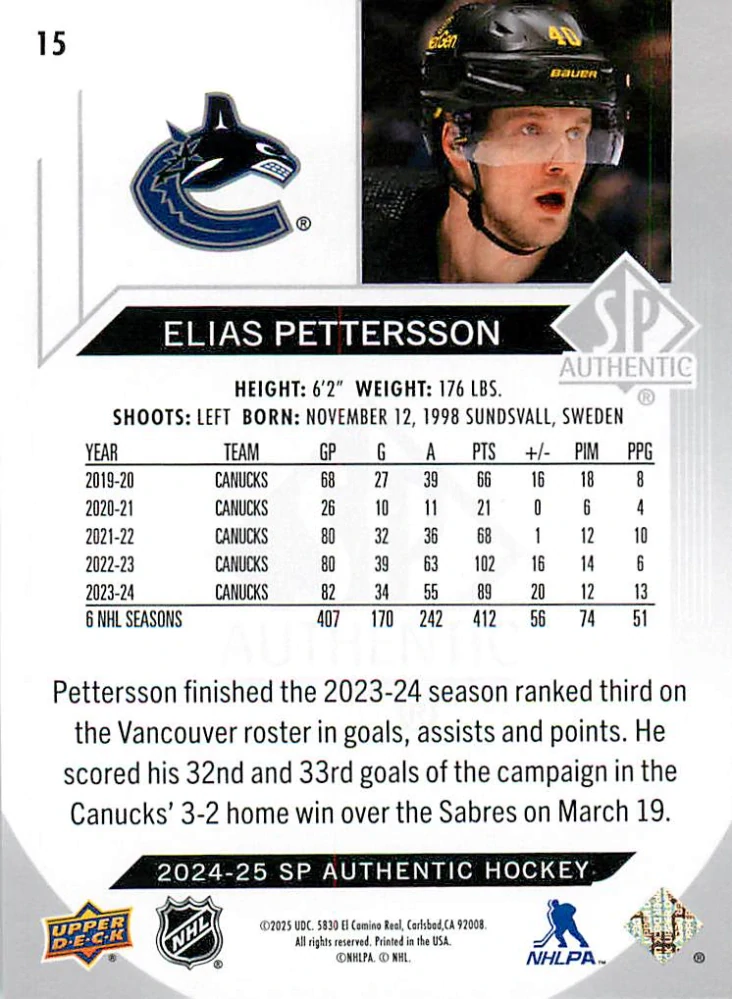 2024-25 UD SP Authentic - Elias Pettersson #15