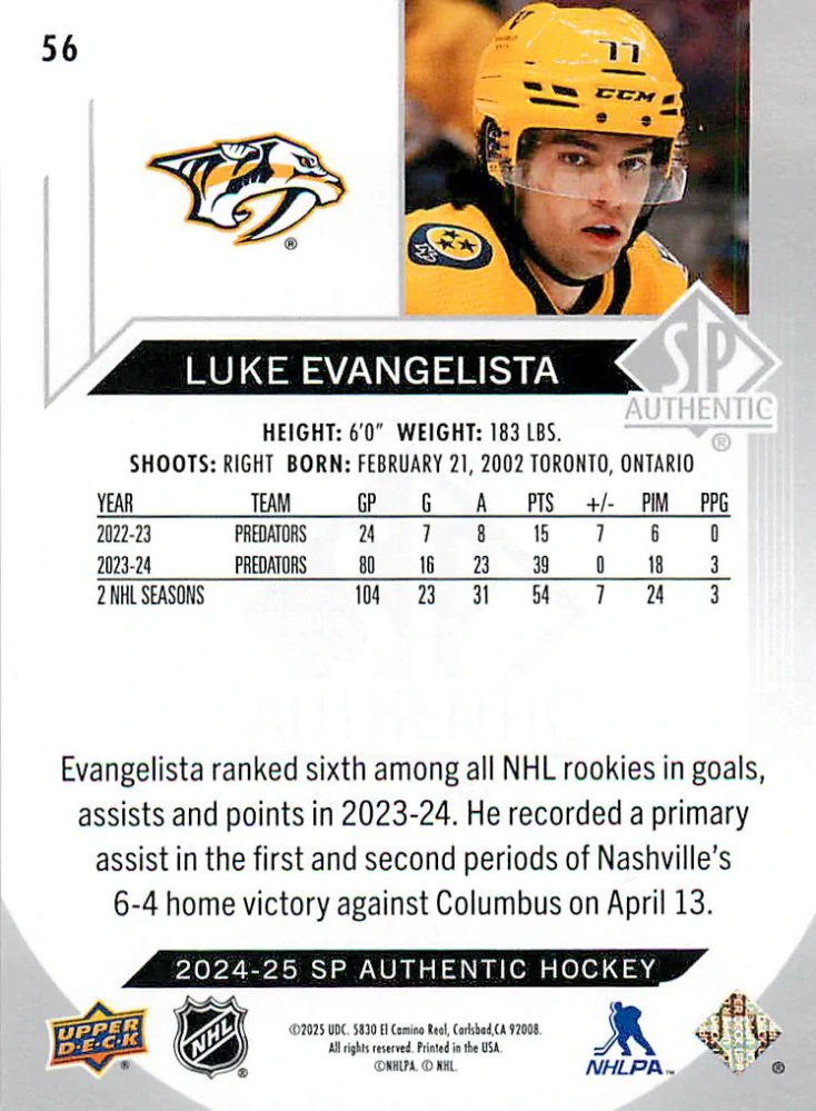 2024-25 UD SP Authentic - Luke Evangelista #56
