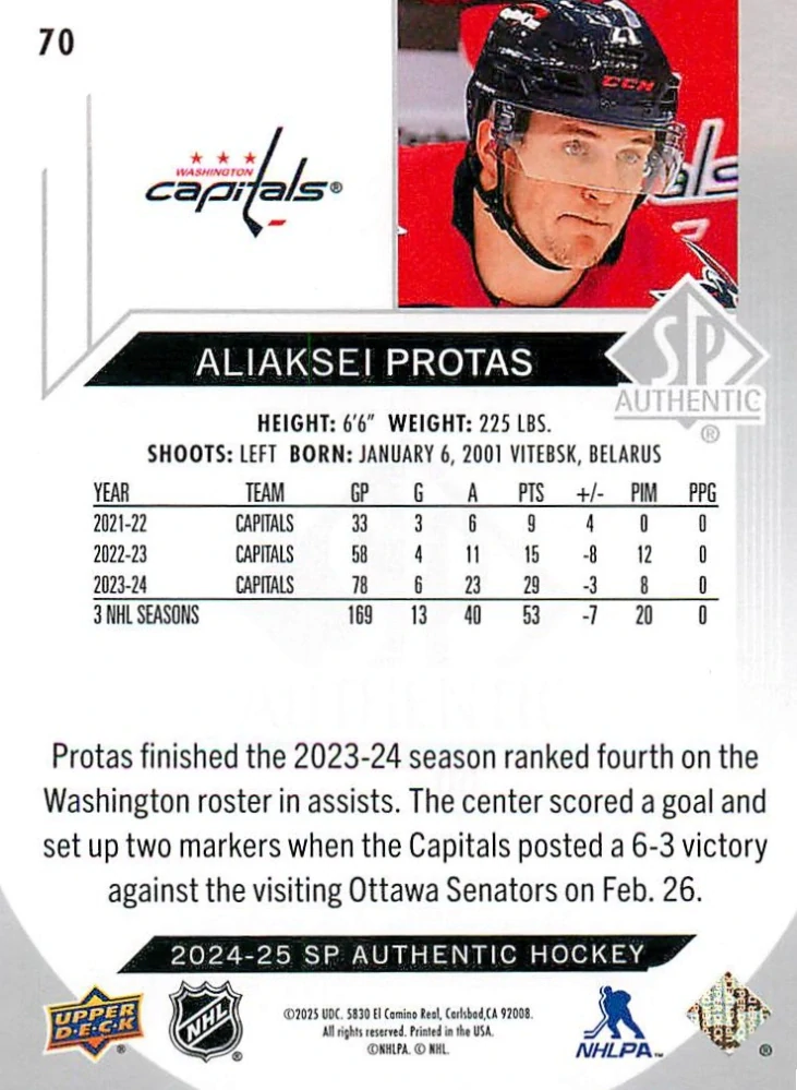2024-25 UD SP Authentic - Aliaksei Protas #70
