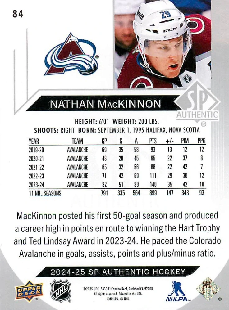 2024-25 UD SP Authentic - Nathan MacKinnon #84