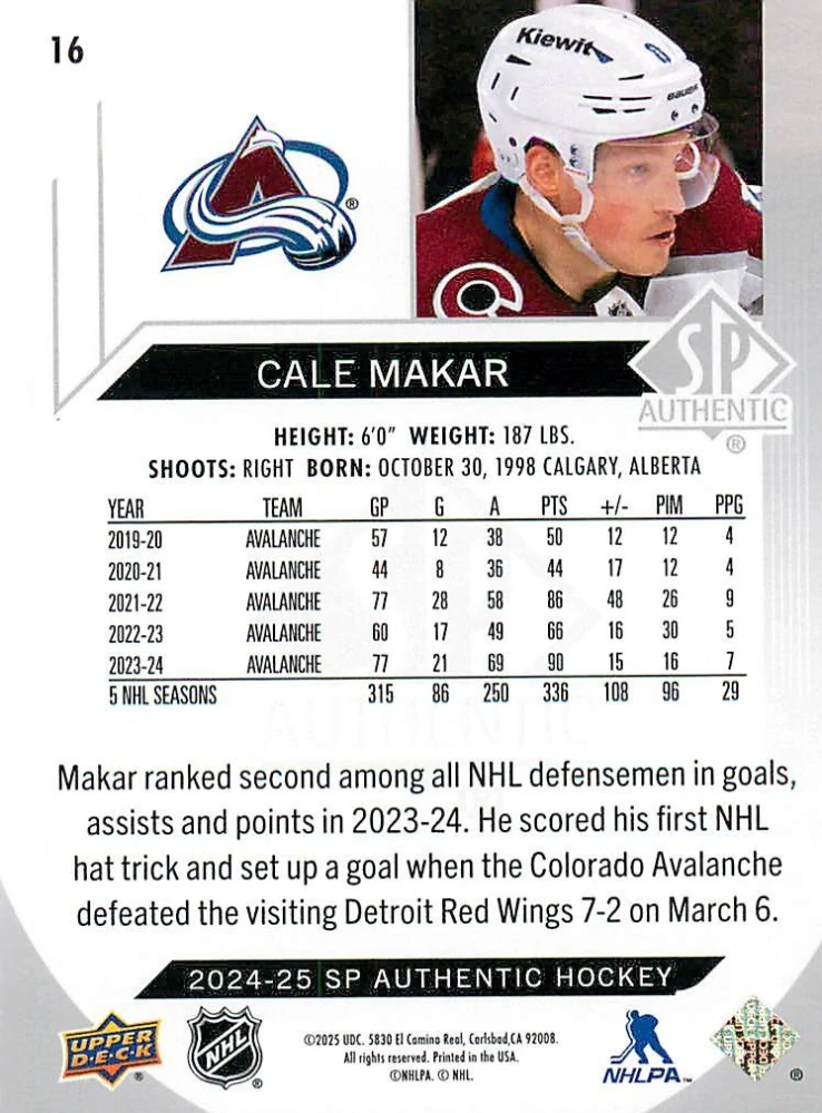 2024-25 UD SP Authentic - Cale Makar #16