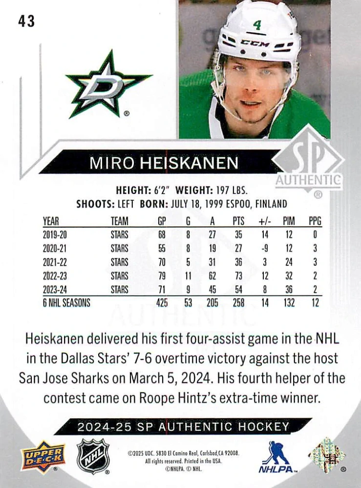 2024-25 UD SP Authentic - Miro Heiskanen #43